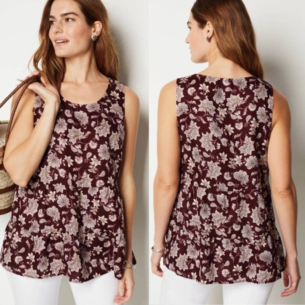 J. Jill‎ Love Linen Tiered Tank Top Size L Beet Painted Jacobean Floral A-line